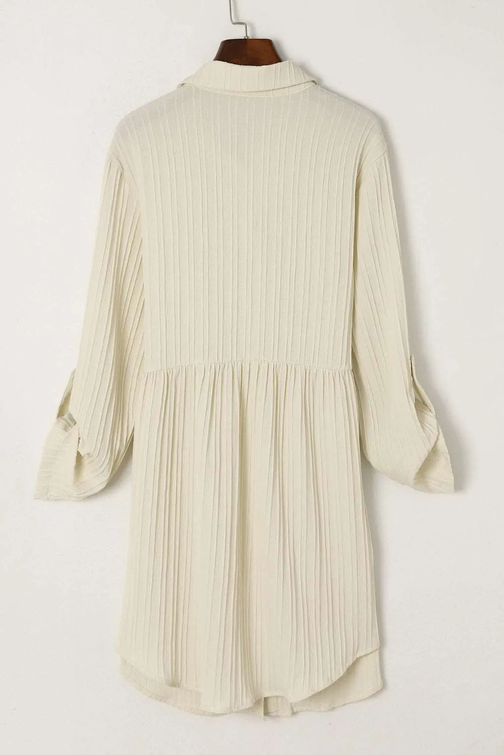 Apricot Textured Roll-Up Sleeve Button Front Dress