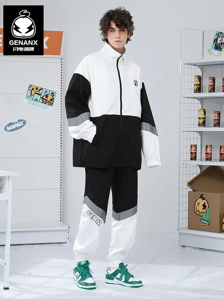 Black And White Color Block Letter Print Zip Jacket