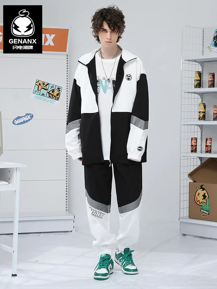 Black And White Color Block Letter Print Zip Jacket