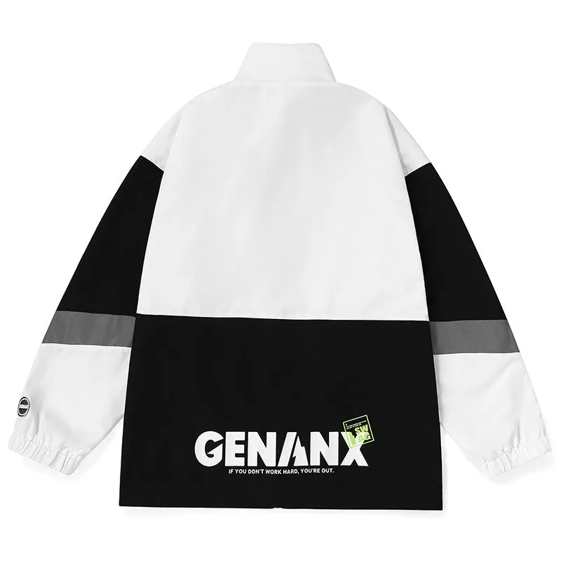 Black And White Color Block Letter Print Zip Jacket