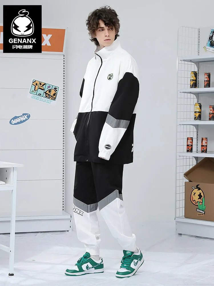 Black And White Color Block Letter Print Zip Jacket
