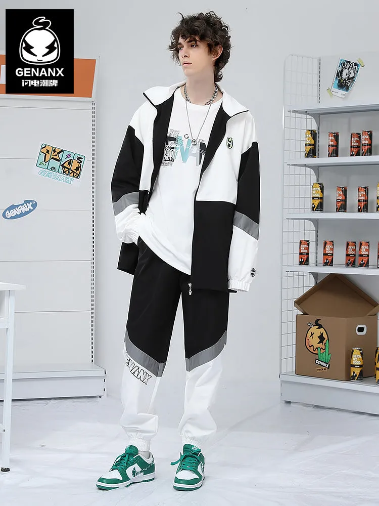 Black And White Color Block Letter Print Zip Jacket