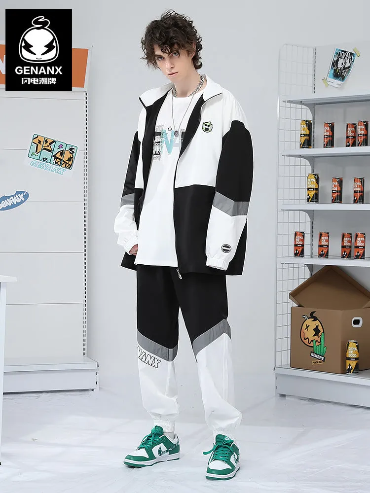 Black And White Color Block Letter Print Zip Jacket