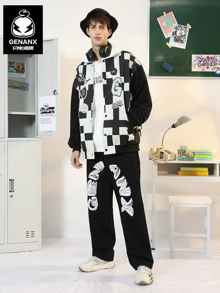 Black And White Contrast Mosaic Print Baseball Collar Jacket