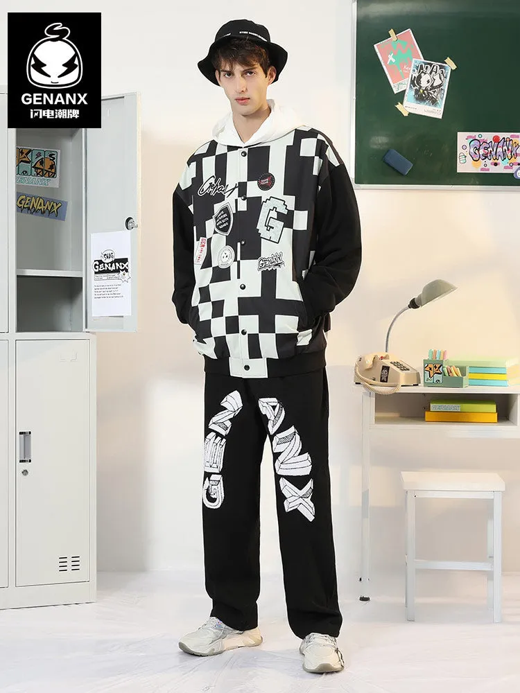 Black And White Contrast Mosaic Print Baseball Collar Jacket