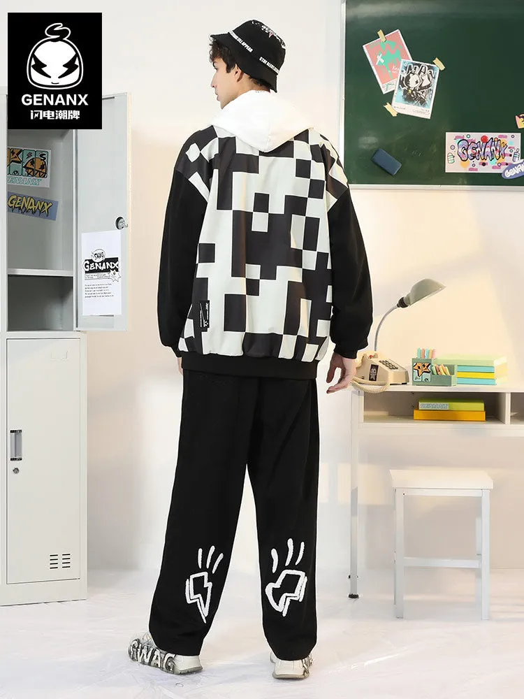 Black And White Contrast Mosaic Print Baseball Collar Jacket