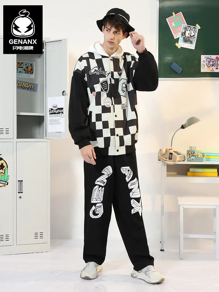 Black And White Contrast Mosaic Print Baseball Collar Jacket