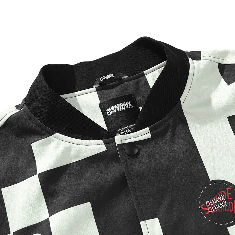 Black And White Contrast Mosaic Print Baseball Collar Jacket