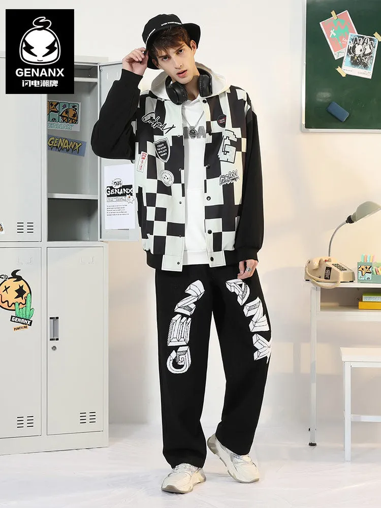 Black And White Contrast Mosaic Print Baseball Collar Jacket
