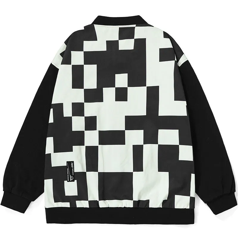 Black And White Contrast Mosaic Print Baseball Collar Jacket