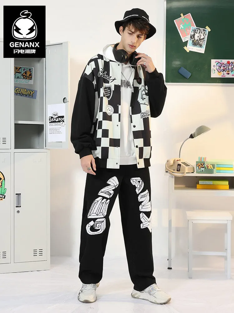 Black And White Contrast Mosaic Print Baseball Collar Jacket