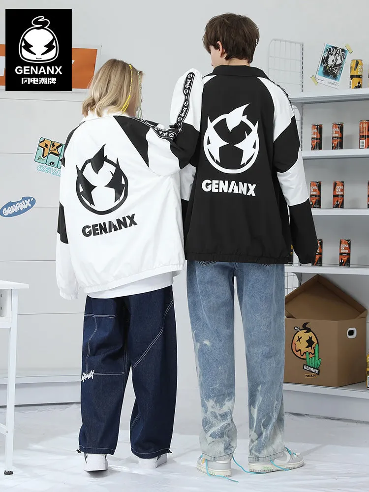 Black And White Contrast Print Lapel Raglan Sleeve Jacket