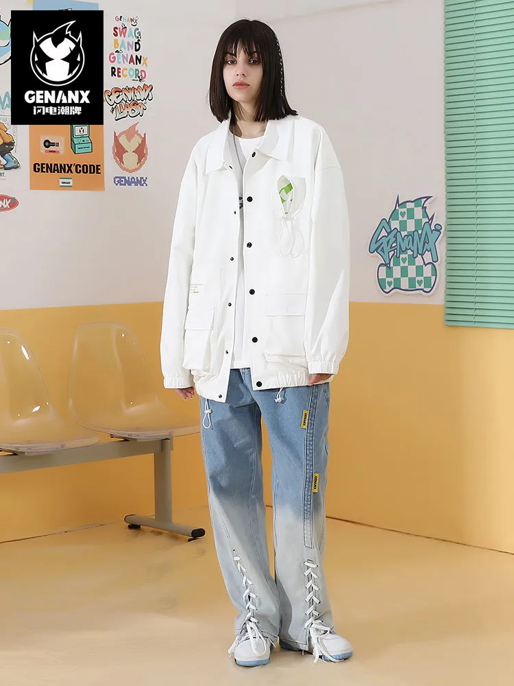 Cargo Style Lightning Doodle print stretch-string jacket with multiple pockets