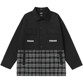 Contrast-Paneled Plaid Snap-Button Couple Jacket