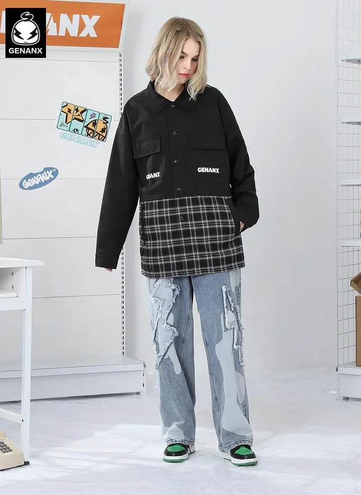 Contrast-Paneled Plaid Snap-Button Couple Jacket