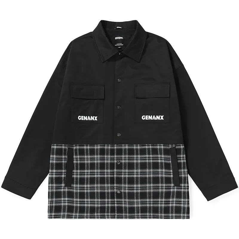 Contrast-Paneled Plaid Snap-Button Couple Jacket