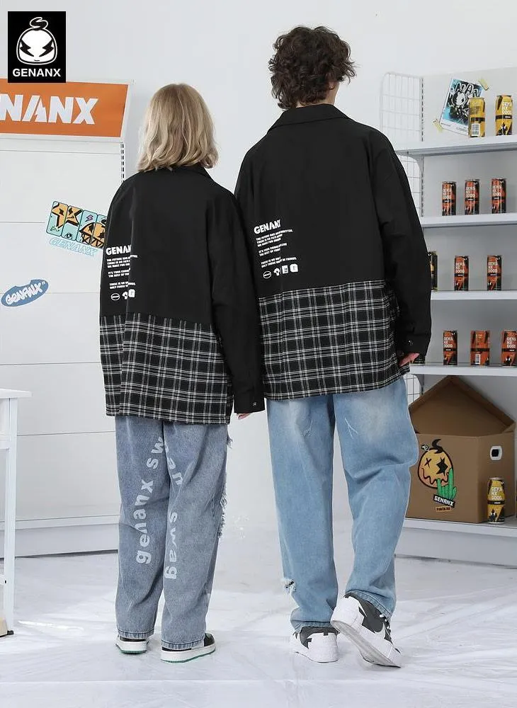 Contrast-Paneled Plaid Snap-Button Couple Jacket
