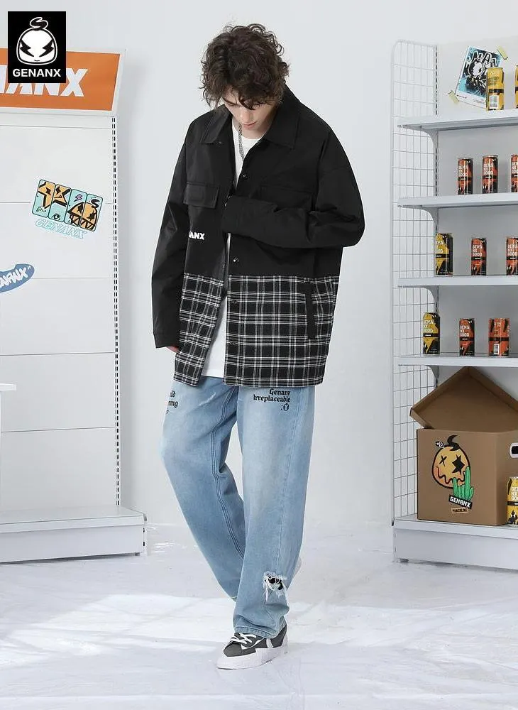 Contrast-Paneled Plaid Snap-Button Couple Jacket