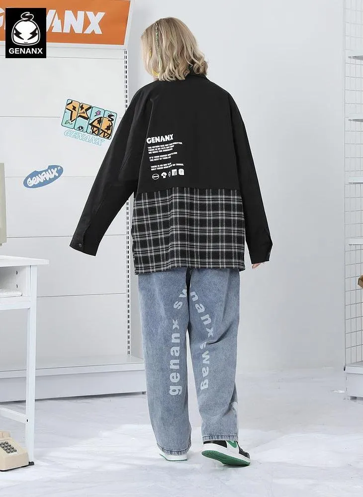Contrast-Paneled Plaid Snap-Button Couple Jacket