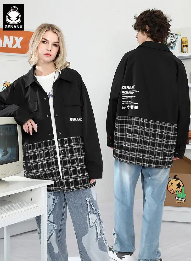 Contrast-Paneled Plaid Snap-Button Couple Jacket