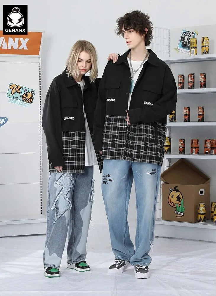 Contrast-Paneled Plaid Snap-Button Couple Jacket