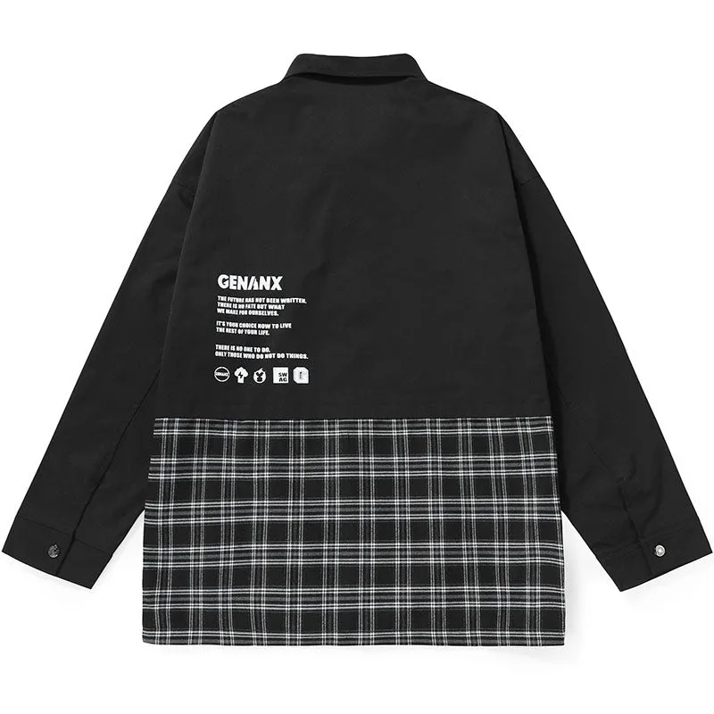 Contrast-Paneled Plaid Snap-Button Couple Jacket