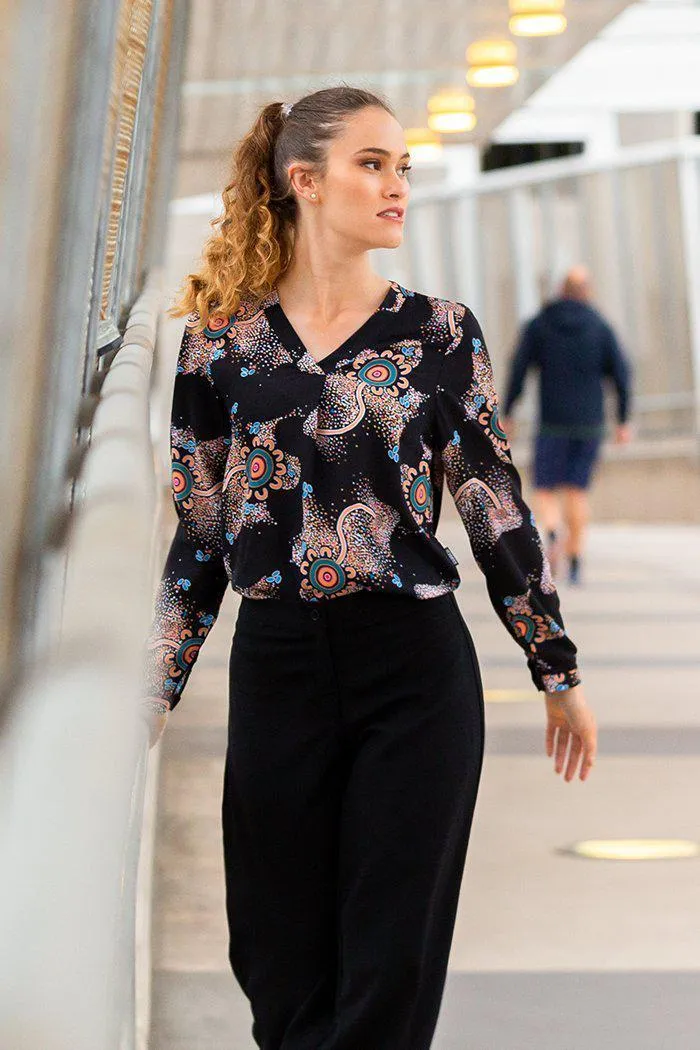 Our Beautiful Country V Neck Women's Long Sleeve Blouse