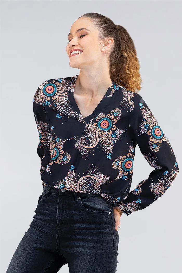 Our Beautiful Country V Neck Women's Long Sleeve Blouse