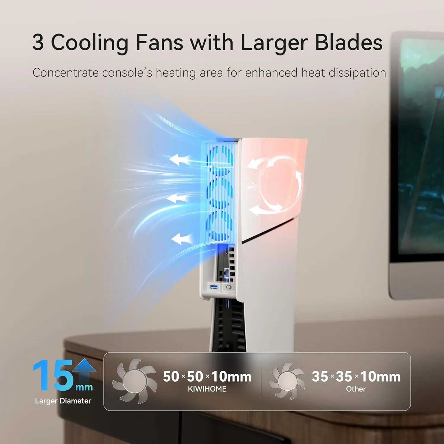 PS5 Slim Cooling Fan, KIWIHOME Efficient Cooling Accessories with 3 Fans, Quiet Cooler fan with Adjustable Speed, Smart Power On/Off, LED Light and USB3.0 Port for PS5 Slim Digital/Discs Edition