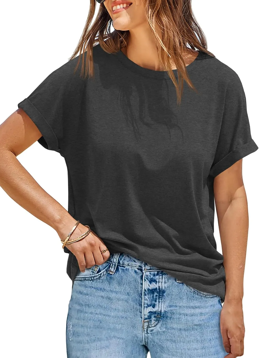 Tankaneo Womens Oversized Short Sleeve T-Shirts Summer Casual Loose Fit Tops Workout Basic Tunic Tees